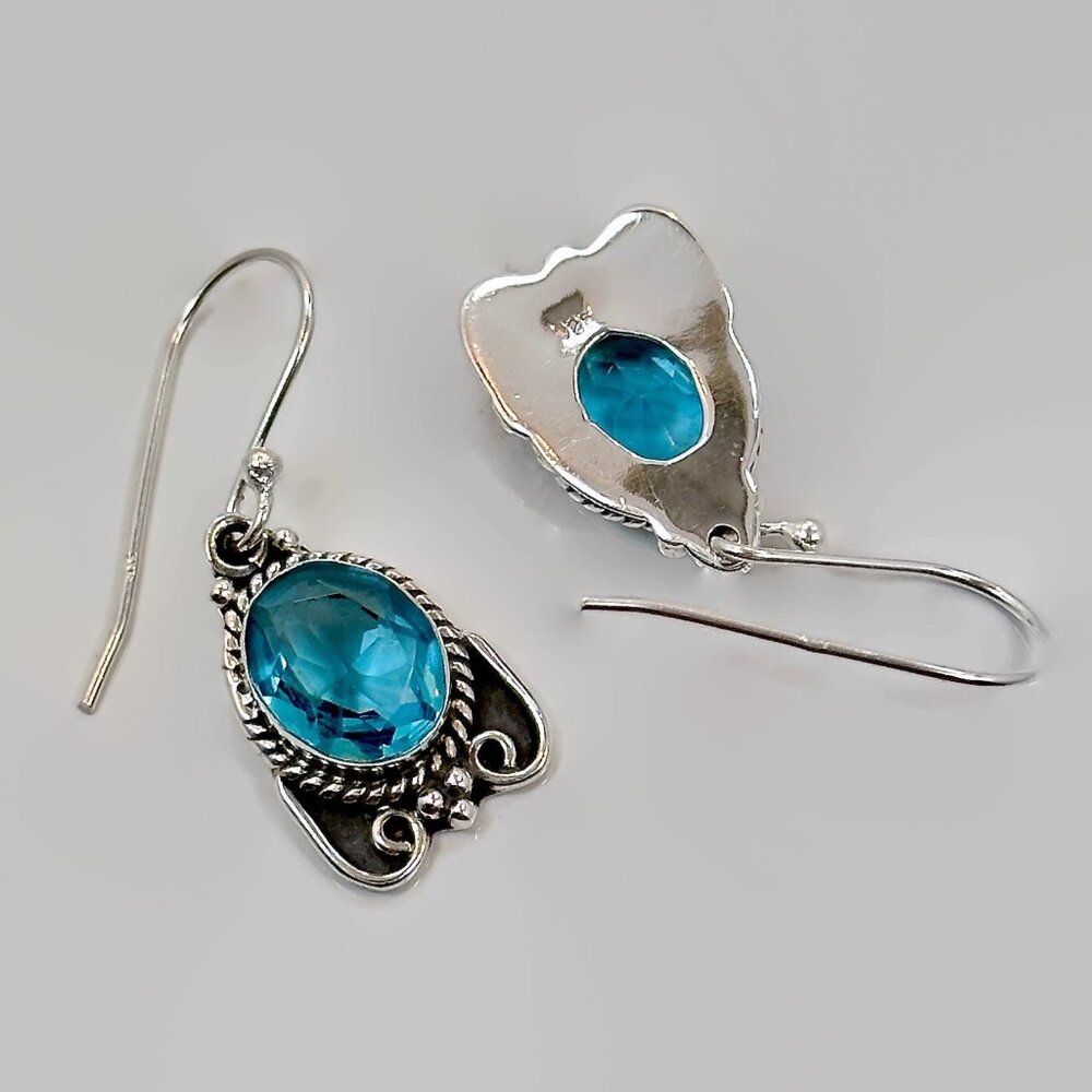 Sterling Silver Earrings. Faux Blue Topaz : Boho Dangle Jewelry - Picture 3 of 3